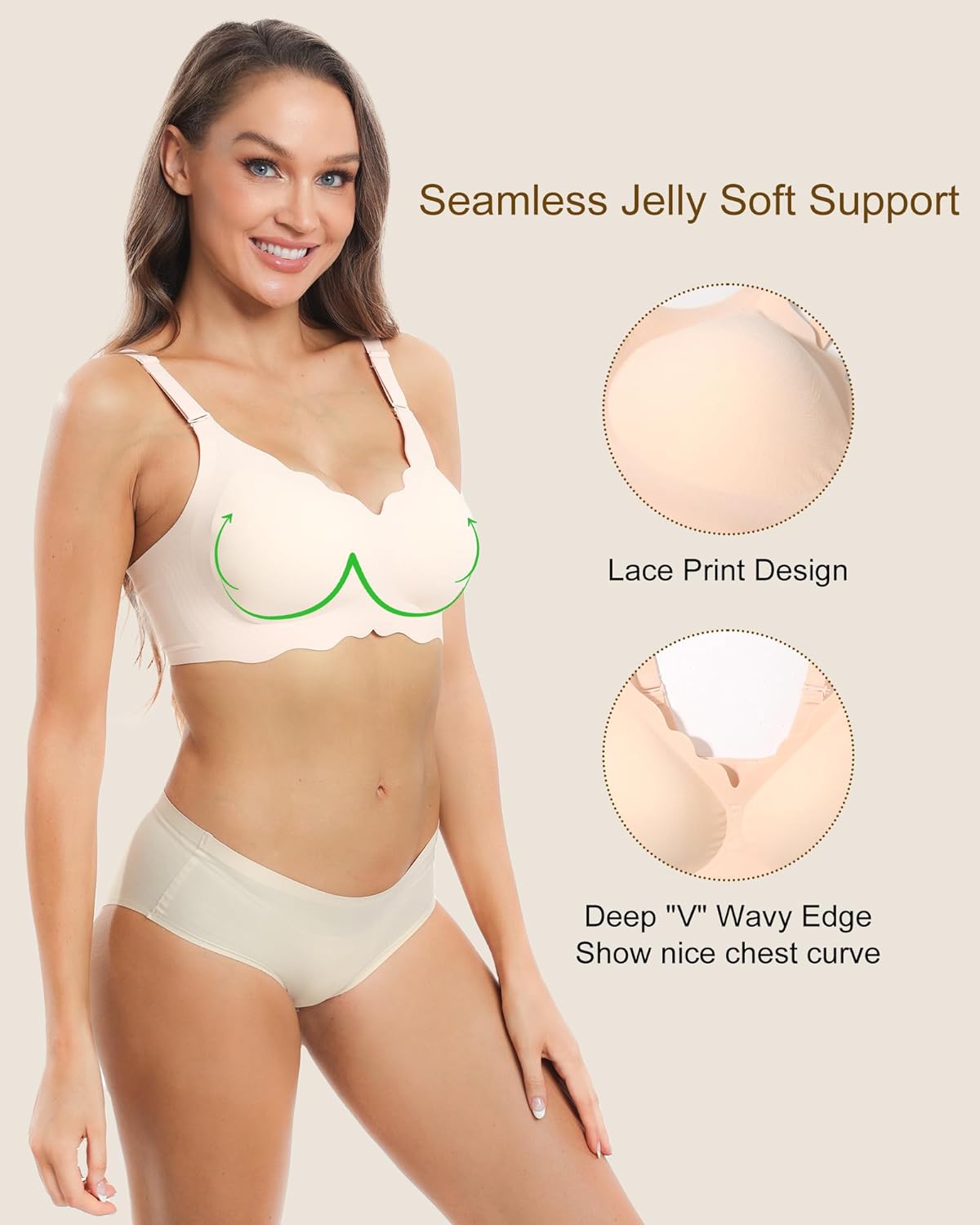 Wavy Seamless V Neck Lace Floral Bra