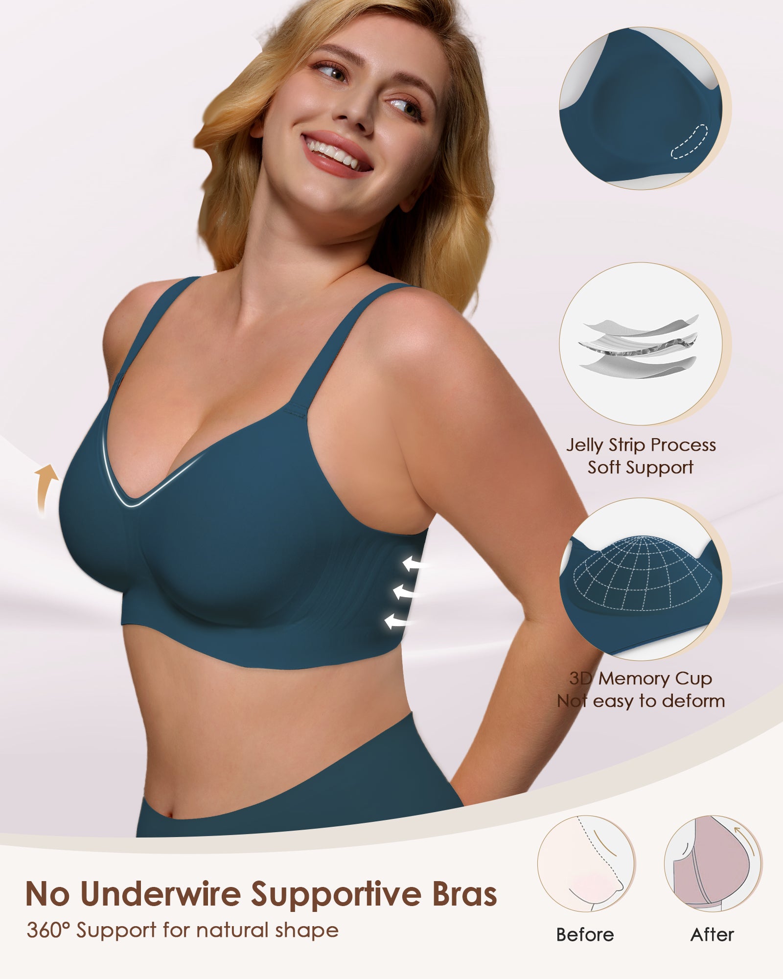 Womens Soft Comfortable No Underwire Bras V Neck Seamless Push Up Bralettes Full Coverage Tshirt Brassiere