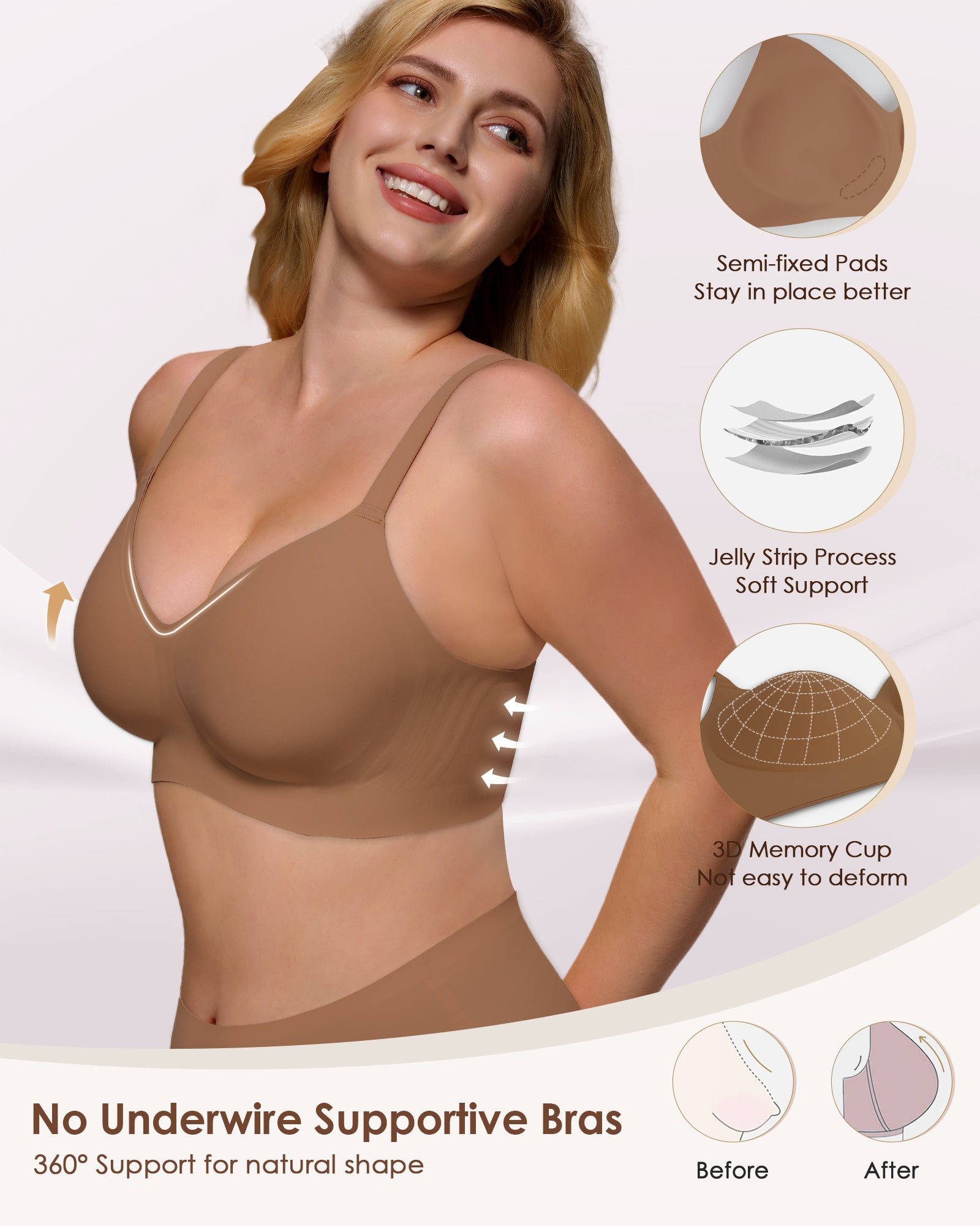 Wireless Push Up Bra - Seamless V-Neck Bralette with Full Coverage Buttery Soft T-Shirt Bra for Women