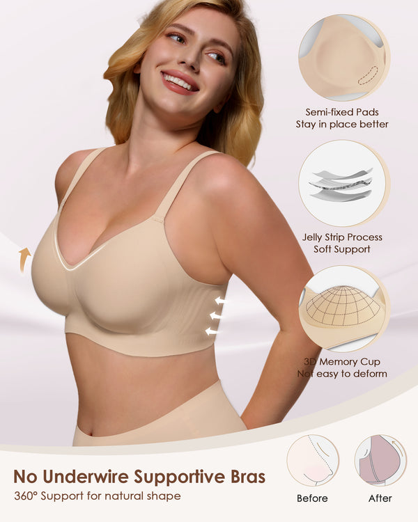 Wireless Push Up Bra - Seamless V-Neck Bralette with Full Coverage Buttery Soft T-Shirt Bra for Women