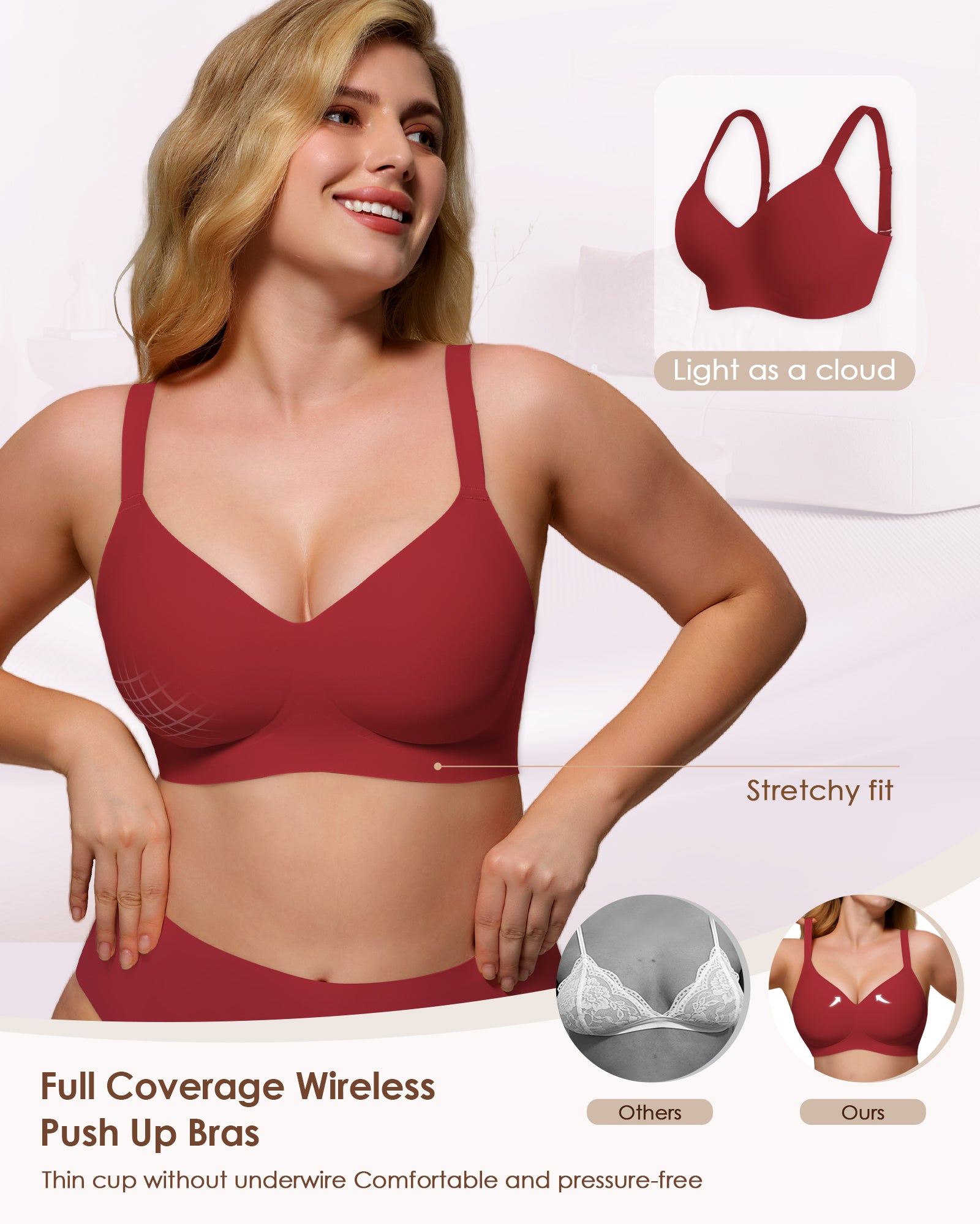 Womens Soft Comfortable No Underwire Bras V Neck Seamless Push Up Bralettes Full Coverage Tshirt Brassiere