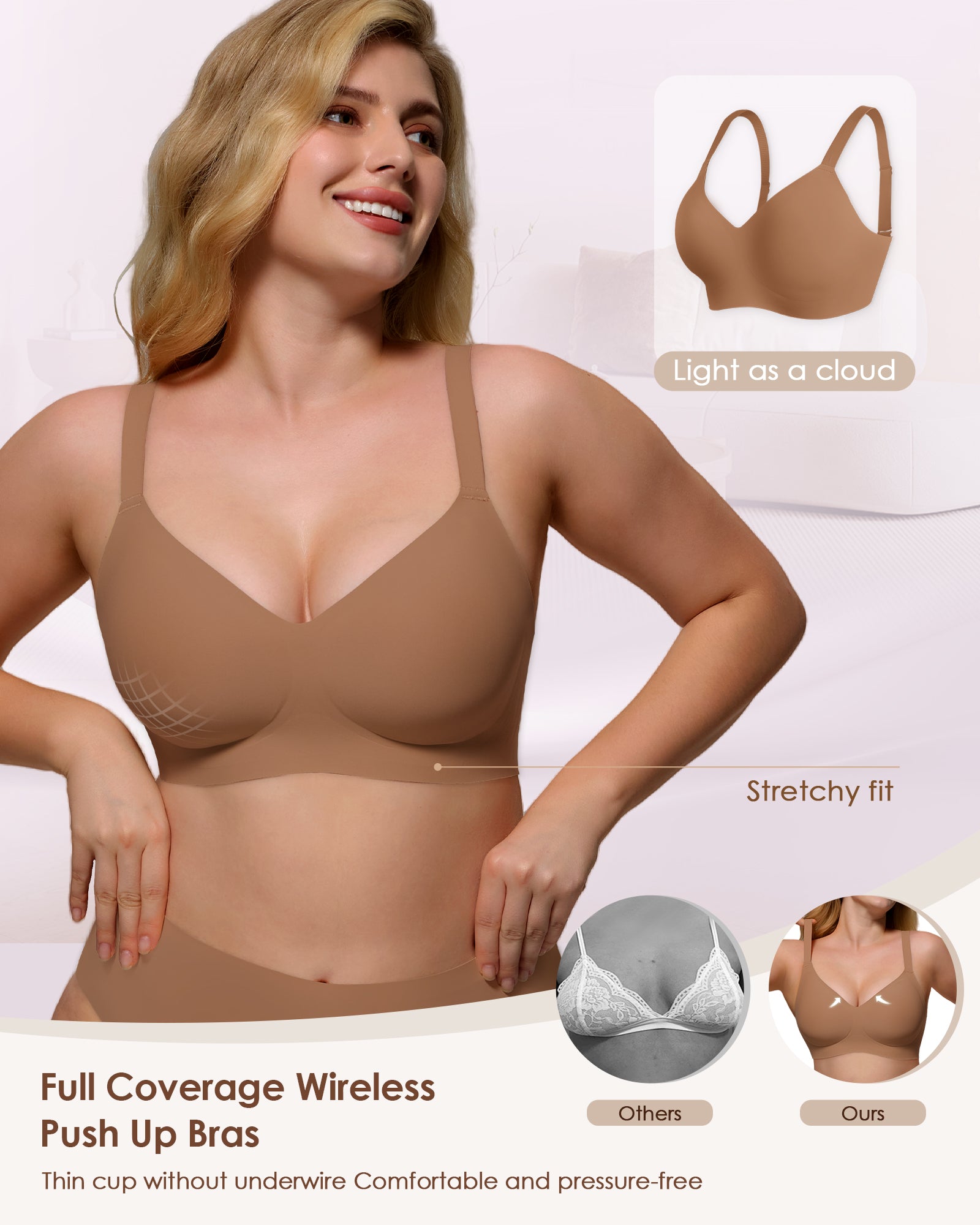 Wireless Push Up Bra - Seamless V-Neck Bralette with Full Coverage Buttery Soft T-Shirt Bra for Women