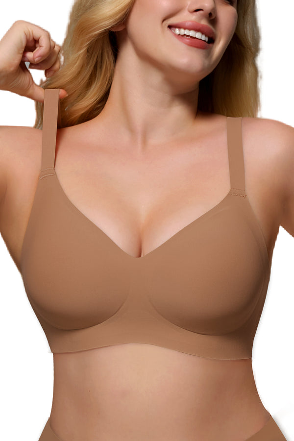 Wireless Push Up Bra - Seamless V-Neck Bralette with Full Coverage Buttery Soft T-Shirt Bra for Women
