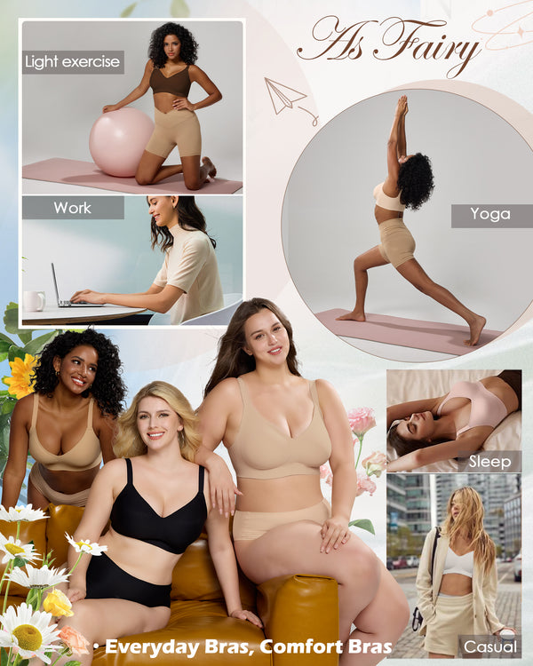 Wireless Push Up Bra - Seamless V-Neck Bralette with Full Coverage Buttery Soft T-Shirt Bra for Women