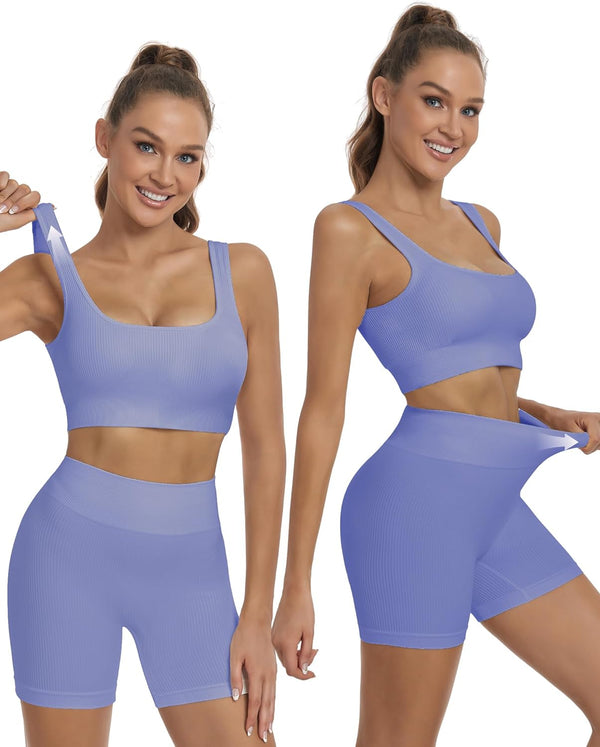 Yoga Outfits Seamless Ribbed Sports Bra Workout Sets